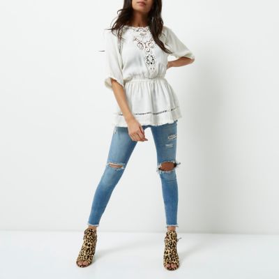 Cream embroidered smock top